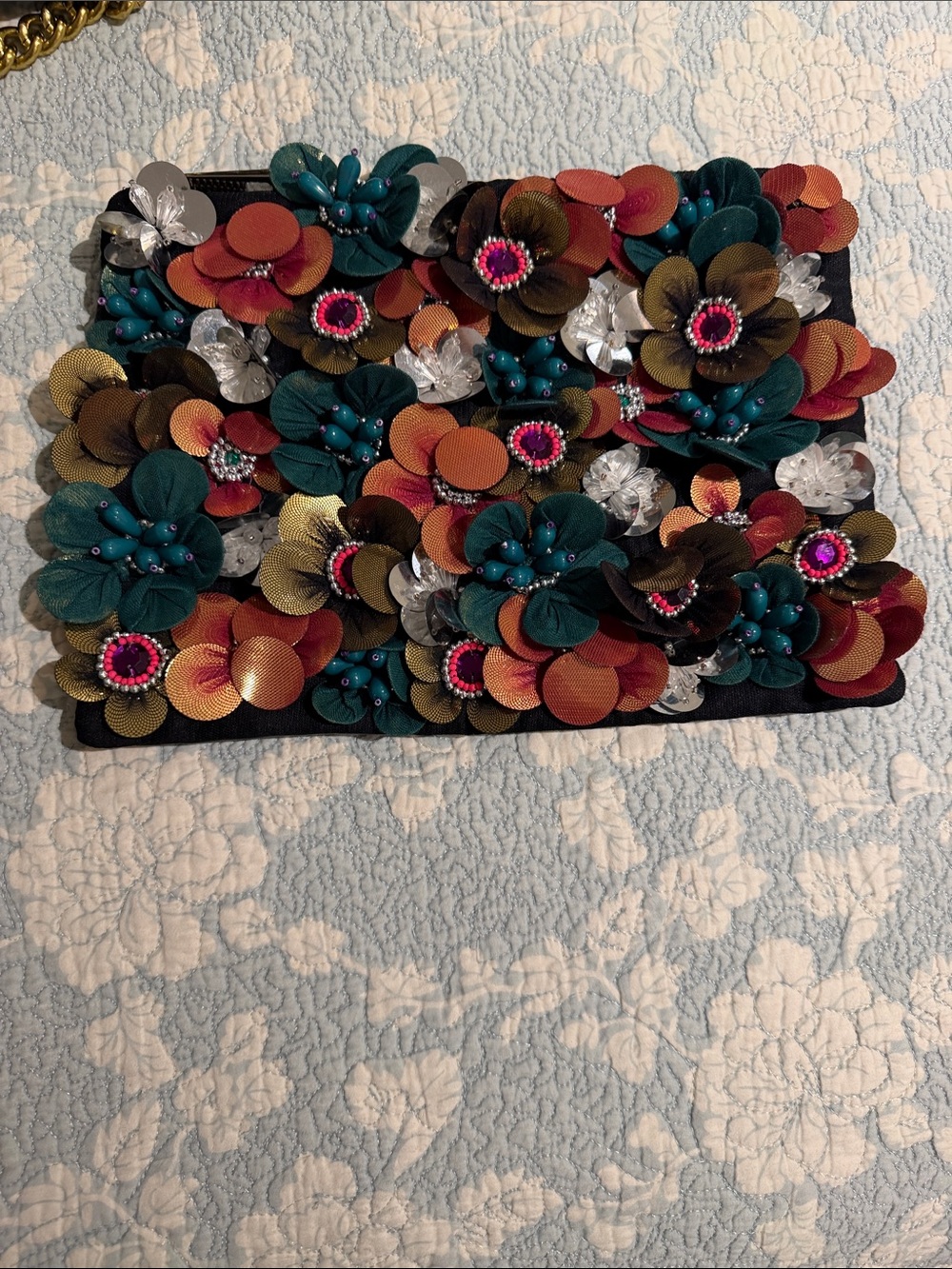 ASOS Embellished Floral Appliqué Clutch in Teal, Orange, Brown, Gold